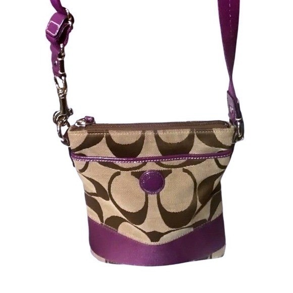Coach Handbags - Coach Signature Stripe File Bag Monogram Canvas Purple Leather‎ Crossbody Bag